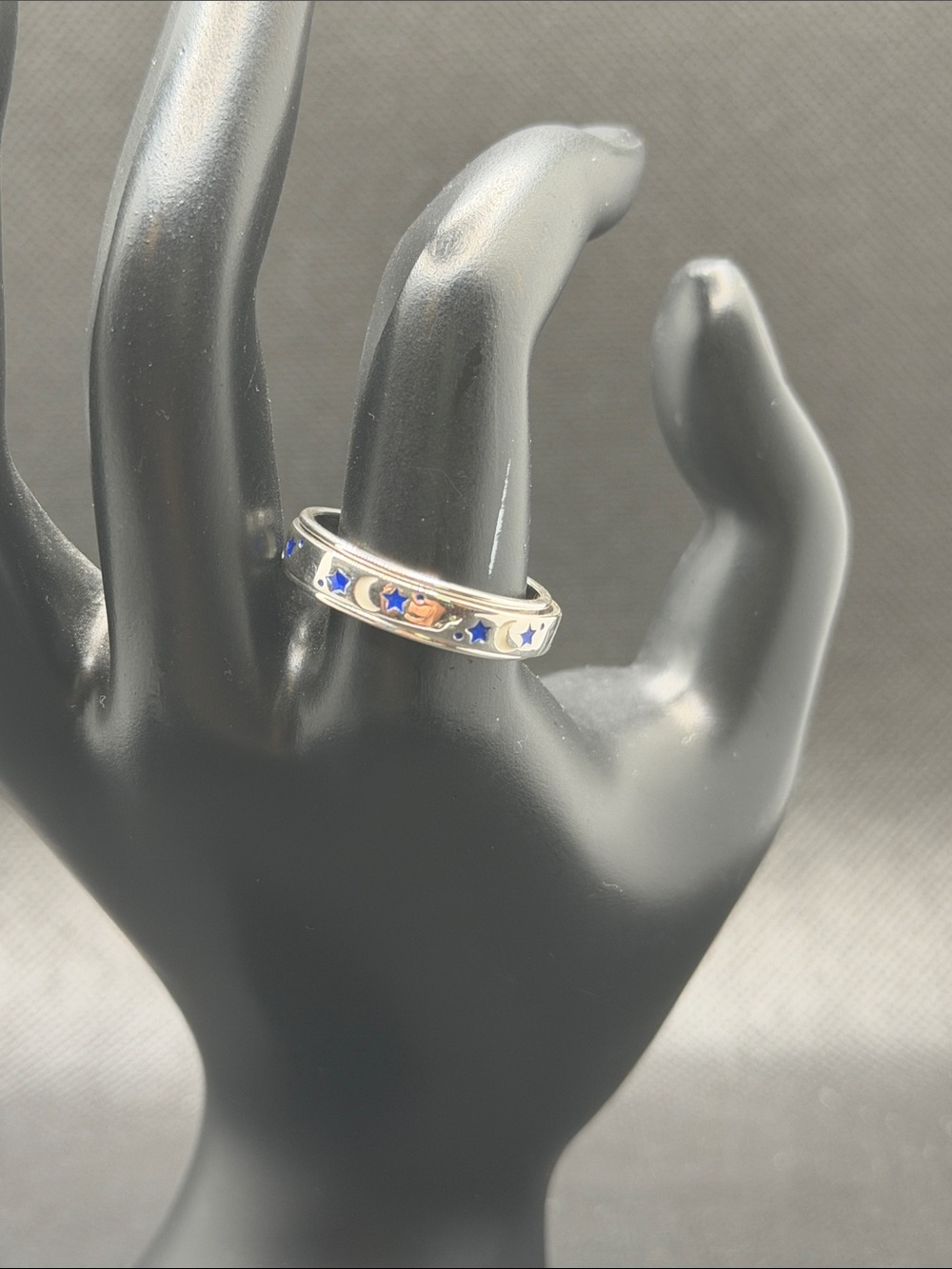 Sterling Silver Spinner Ring with Blue Star and Moon Enamel Inlay Sz 10